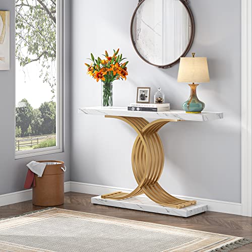 Tribesigns Gold Entryway Table, Modern 39-Inch Console/Accent Table with Geometric Metal Legs, Faux Marble Narrow Wood Sofa,Foyer Table for Entrance, Living Room (Gold & White)