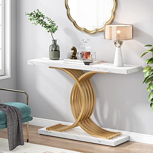 Tribesigns Gold Entryway Table, Modern 39-Inch Console/Accent Table with Geometric Metal Legs, Faux Marble Narrow Wood Sofa,Foyer Table for Entrance, Living Room (Gold & White)