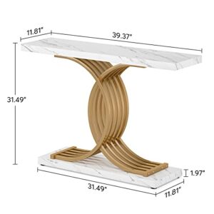 Tribesigns Gold Entryway Table, Modern 39-Inch Console/Accent Table with Geometric Metal Legs, Faux Marble Narrow Wood Sofa,Foyer Table for Entrance, Living Room (Gold & White)