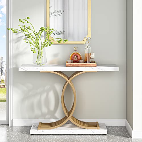 Tribesigns Gold Entryway Table, Modern 39-Inch Console/Accent Table with Geometric Metal Legs, Faux Marble Narrow Wood Sofa,Foyer Table for Entrance, Living Room (Gold & White)