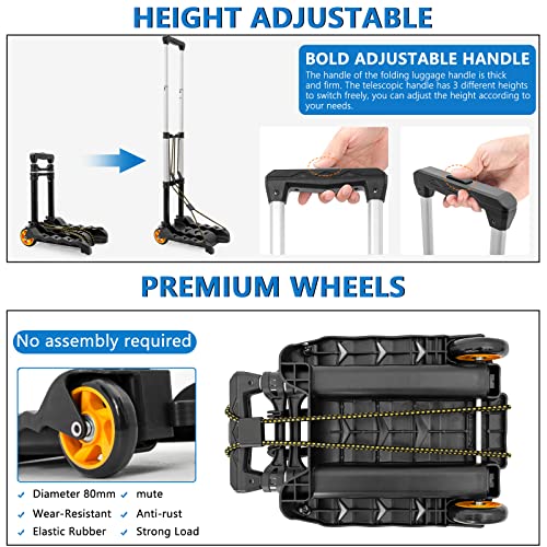 Folding Luggage Cart, TORIBIO Luggage Trucks Aluminum Portable Luggage Trolley with Storage Bag, Utility Dolly Platform Cart for Travel, House Office Moving, Travel, Shopping, Black