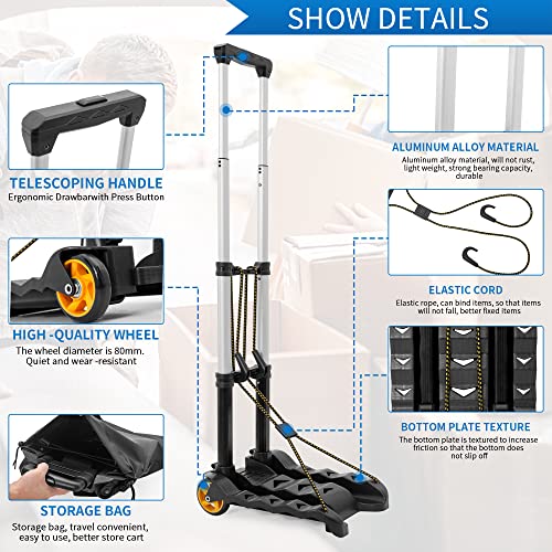 Folding Luggage Cart, TORIBIO Luggage Trucks Aluminum Portable Luggage Trolley with Storage Bag, Utility Dolly Platform Cart for Travel, House Office Moving, Travel, Shopping, Black