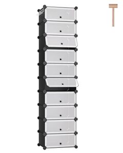 dinmo 10-tier shoe rack with doors for entryway, 20 pairs, portable plastic cubby shoe shelves organizer unit, diy shoe cabinet, black