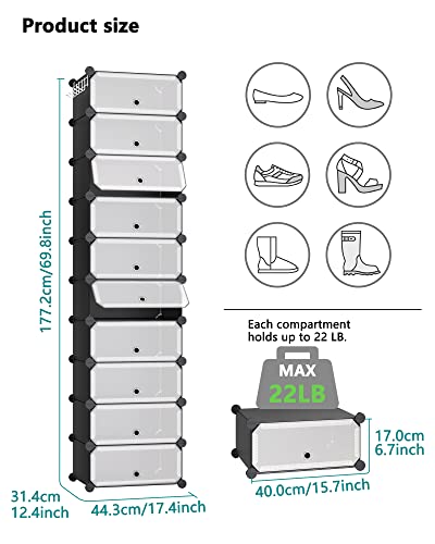 DINMO 10-Tier Shoe Rack with Doors for Entryway, 20 Pairs, Portable Plastic Cubby Shoe Shelves Organizer Unit, DIY Shoe Cabinet, Black