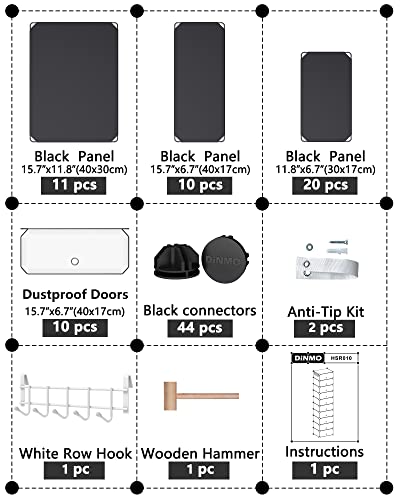 DINMO 10-Tier Shoe Rack with Doors for Entryway, 20 Pairs, Portable Plastic Cubby Shoe Shelves Organizer Unit, DIY Shoe Cabinet, Black