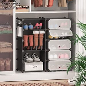 DINMO 10-Tier Shoe Rack with Doors for Entryway, 20 Pairs, Portable Plastic Cubby Shoe Shelves Organizer Unit, DIY Shoe Cabinet, Black