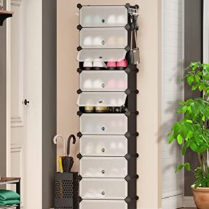 DINMO 10-Tier Shoe Rack with Doors for Entryway, 20 Pairs, Portable Plastic Cubby Shoe Shelves Organizer Unit, DIY Shoe Cabinet, Black