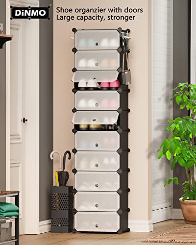 DINMO 10-Tier Shoe Rack with Doors for Entryway, 20 Pairs, Portable Plastic Cubby Shoe Shelves Organizer Unit, DIY Shoe Cabinet, Black