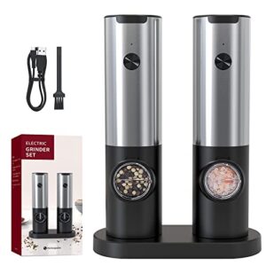electric salt and pepper grinder set rechargeable with charging station base, usb type-c cable, led light, stainless steel automatic spice salt pepper shakers grinder, adjustable coarseness mill