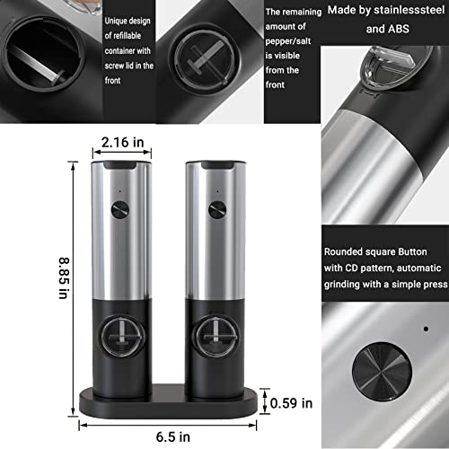 Electric Salt and Pepper Grinder Set Rechargeable with Charging Station Base, USB Type-C Cable, LED Light, Stainless Steel Automatic Spice Salt Pepper Shakers Grinder, Adjustable Coarseness Mill