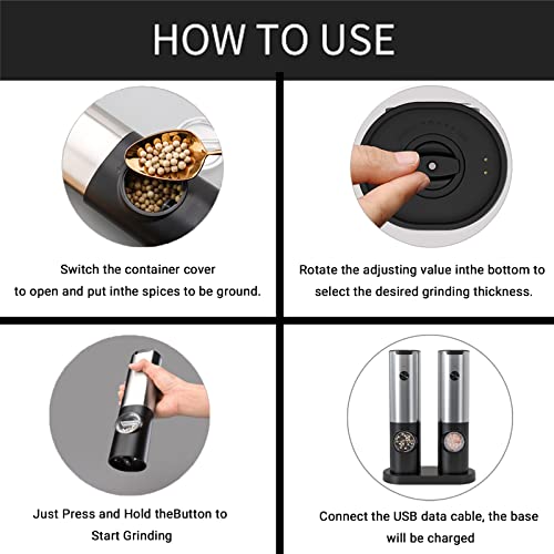 Electric Salt and Pepper Grinder Set Rechargeable with Charging Station Base, USB Type-C Cable, LED Light, Stainless Steel Automatic Spice Salt Pepper Shakers Grinder, Adjustable Coarseness Mill