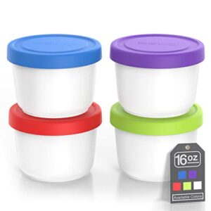balci - 16oz ice cream containers with silicone lids (set of 4) - 1 pint each freezer food storage containers, reusable, leakproof, for homemade icecream containers - blue, red, green, purple