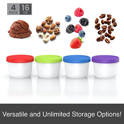 BALCI - 16oz Ice Cream Containers with Silicone Lids (Set of 4) - 1 Pint Each Freezer Food Storage Containers, Reusable, LeakProof, For Homemade IceCream Containers - Blue, Red, Green, Purple