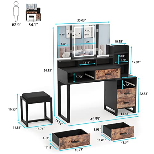 PAKASEPT Makeup Vanity with Tri-fold Makeup Mirror, Vanity Desk with 3-Color Adjustable Touch Light, Charging Station, Vanity Table with Nightstand,5 Drawers, Storage Shelves&Cushioned Stool, Black