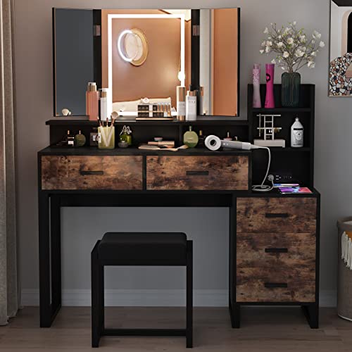 PAKASEPT Makeup Vanity with Tri-fold Makeup Mirror, Vanity Desk with 3-Color Adjustable Touch Light, Charging Station, Vanity Table with Nightstand,5 Drawers, Storage Shelves&Cushioned Stool, Black