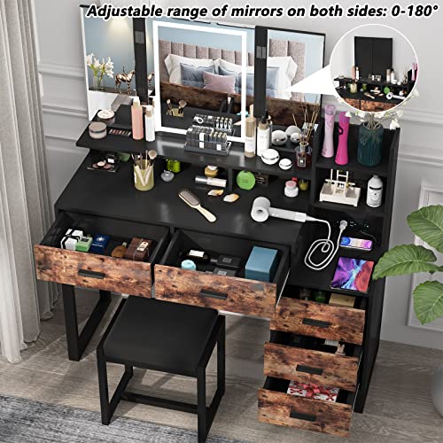 PAKASEPT Makeup Vanity with Tri-fold Makeup Mirror, Vanity Desk with 3-Color Adjustable Touch Light, Charging Station, Vanity Table with Nightstand,5 Drawers, Storage Shelves&Cushioned Stool, Black