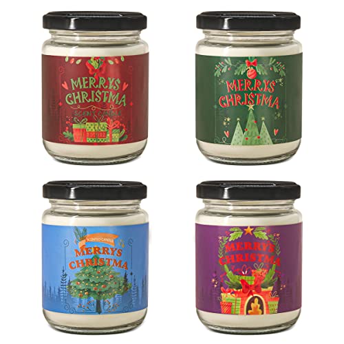 Merry Christmas Candles for Women Home Gift Set, 4 Packs Soy Wax Candles, Apple & Cinnamon, Lavender, Vanilla and Cedar Scented Glass Jar Candles for Holiday Party, 35Hr Long Burning