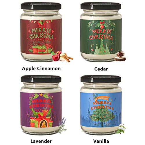 Merry Christmas Candles for Women Home Gift Set, 4 Packs Soy Wax Candles, Apple & Cinnamon, Lavender, Vanilla and Cedar Scented Glass Jar Candles for Holiday Party, 35Hr Long Burning