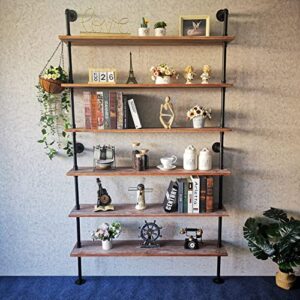 anynice 6 tier industrial ladder pipe shelf, wall mounted wood metal bookshelf for living room storage (weathered brown, 10" d x 48" w x 82.5" h)