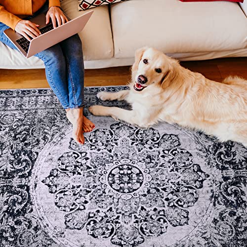 YJ.GWL Boho Area Rug 4x6, Washable Bedroom Rug, Soft Distressed Accent Rugs for Living Room Entryway Dining Room, Non-Slip Non-Shedding Low-Pile Floor Carpet, Navy Blue