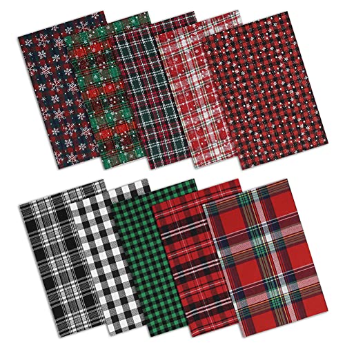 10 Pcs Christmas Plaid Bundles Quilting Fabric,16 x 20 inches Rectangle Cloth Red Green Grid Snowflake Patchwork Fabric Scraps for Christmas Decortion Candy Gift Wrapping Sewing Work DIY Craft