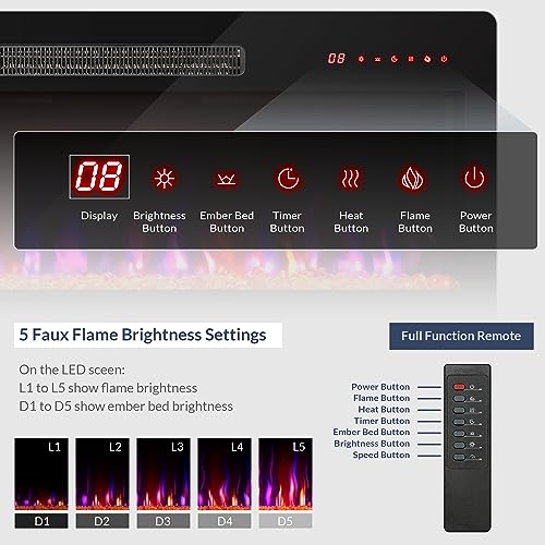 BELLEZE 36" Electric Fireplace Heater, 1400 W Recessed & Wall Mounted Electric Fireplace with Remote Control, Freestanding Heater with Adjustable Flame Color and Brightness, Timer, Touch Screen