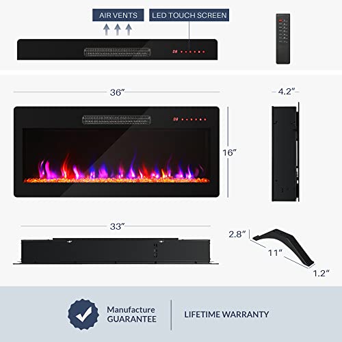 BELLEZE 36" Electric Fireplace Heater, 1400 W Recessed & Wall Mounted Electric Fireplace with Remote Control, Freestanding Heater with Adjustable Flame Color and Brightness, Timer, Touch Screen