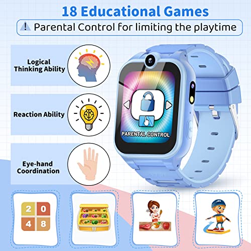 MAVREC TOYS Smart Watch for Kids, Kids Watch Toys Gifts for Kids Ages 3-12, Touch Screen Kids Smart Watch Boys with 2 Cameras 18 Games Alarm 12/24 Hr Video Music Player Pedometer Flashlight (Blue)