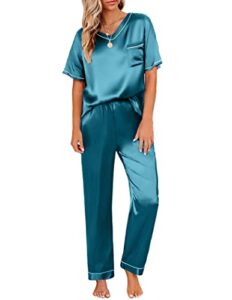 ekouaer women's satin silky pajama set short sleeve t shirt with long pant pj set two piece pj loungewear blue