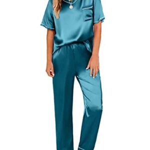 Ekouaer Women's Satin Silky Pajama Set Short Sleeve T Shirt with Long Pant Pj Set Two Piece Pj Loungewear Blue