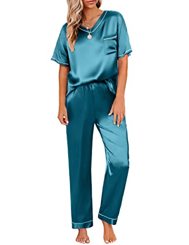 Ekouaer Women's Satin Silky Pajama Set Short Sleeve T Shirt with Long Pant Pj Set Two Piece Pj Loungewear Blue