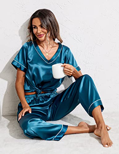 Ekouaer Women's Satin Silky Pajama Set Short Sleeve T Shirt with Long Pant Pj Set Two Piece Pj Loungewear Blue