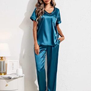 Ekouaer Women's Satin Silky Pajama Set Short Sleeve T Shirt with Long Pant Pj Set Two Piece Pj Loungewear Blue