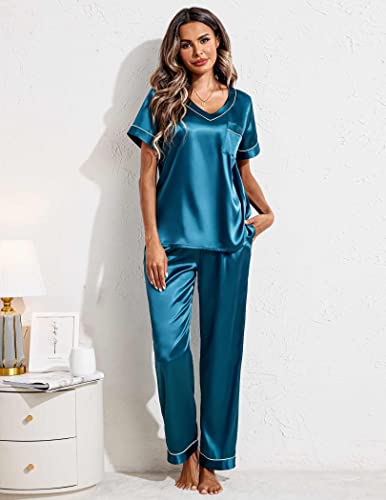 Ekouaer Women's Satin Silky Pajama Set Short Sleeve T Shirt with Long Pant Pj Set Two Piece Pj Loungewear Blue