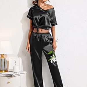 Ekouaer Short Sleeve Pajamas Set for Women Satin Silk Long Pant Pj Set Sleepwear Two Piece Nightwear Black L