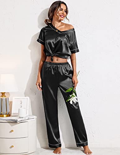 Ekouaer Short Sleeve Pajamas Set for Women Satin Silk Long Pant Pj Set Sleepwear Two Piece Nightwear Black L