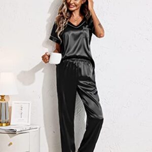 Ekouaer Short Sleeve Pajamas Set for Women Satin Silk Long Pant Pj Set Sleepwear Two Piece Nightwear Black L