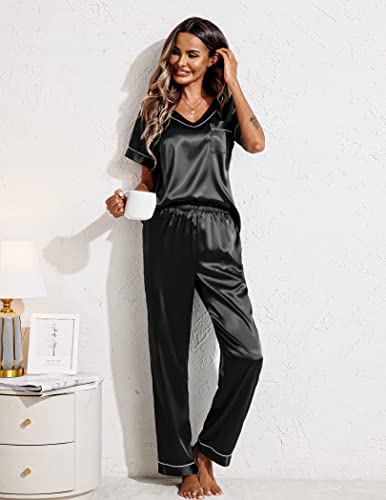 Ekouaer Short Sleeve Pajamas Set for Women Satin Silk Long Pant Pj Set Sleepwear Two Piece Nightwear Black L