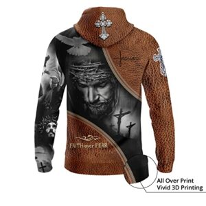 Custom Christian God Novelty Hoodie Jesus and Dove Hooded Sweatshirt with Faith Over Fear Saying for Prayer Religious People 1XL Multicolor
