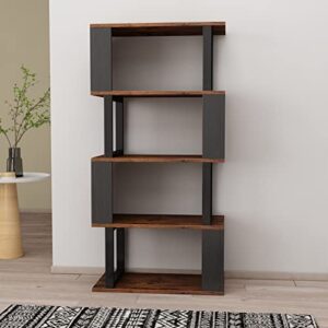 MIN WIN 5-Tier Open Storage Display Shelf,50.2" Tall Storage Wooden Bookshelf and Bookcase,Modern S-Shaped Bookshelves,Freestanding Decorative Storage Shelves with Metal Frame for Living Room