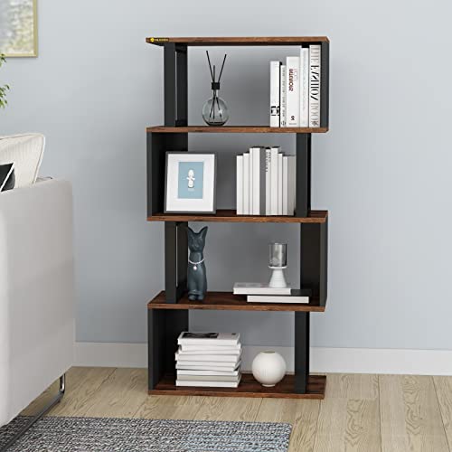 MIN WIN 5-Tier Open Storage Display Shelf,50.2" Tall Storage Wooden Bookshelf and Bookcase,Modern S-Shaped Bookshelves,Freestanding Decorative Storage Shelves with Metal Frame for Living Room