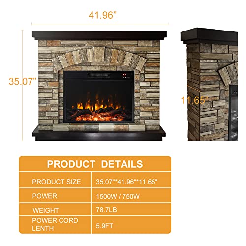 Electric Fireplace with Mantel, Tall Fire Place Heater Freestanding with Remote Control Timer LED Flame for Living Room Bedroom