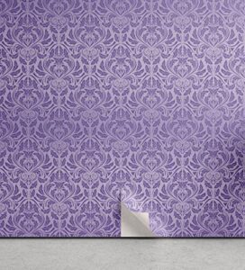 lunarable vintage peel & stick wallpaper for home, western medieval motifs with leafs and curlicues floral damask pattern, self-adhesive living room kitchen accent, 13" x 100", lavender and purple