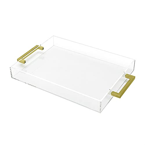 Clear Acrylic Serving Tray, 12x16 inches, Spill-Proof, Stackable Organizer, Food & Drinks Server, Indoors/Outdoors, Lucite Storage (Gold)