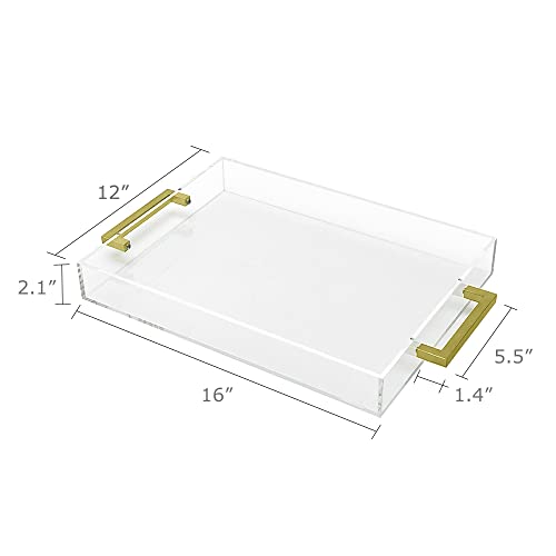 Clear Acrylic Serving Tray, 12x16 inches, Spill-Proof, Stackable Organizer, Food & Drinks Server, Indoors/Outdoors, Lucite Storage (Gold)