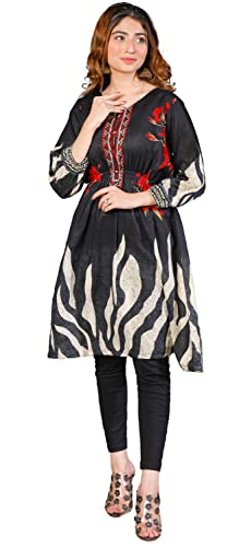 IshDeena Cotton Kurtis for Women: Festive, Indian Style, Plus Size Printed Calf-Length Kurti - Good for Travel & Gatherings (X-Large/Black)