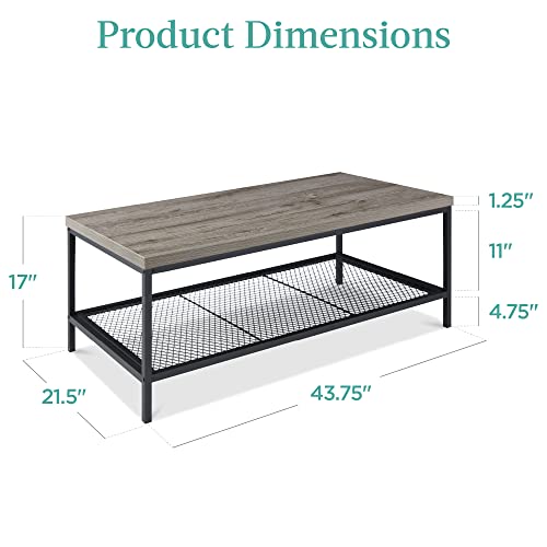 Best Choice Products 44in Modern Coffee Table, Large 2-Tier Industrial Rectangular Wood Grain Top Coffee Table, Accent Furniture for Living Room w/Mesh Shelf, Metal Frame - Gray