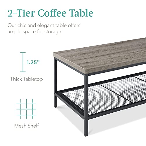 Best Choice Products 44in Modern Coffee Table, Large 2-Tier Industrial Rectangular Wood Grain Top Coffee Table, Accent Furniture for Living Room w/Mesh Shelf, Metal Frame - Gray