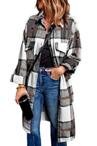 prettygarden women's 2023 plaid shacket jacket long sleeve button down shirts fashion winter wool coats (black,small)