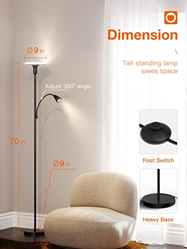 addlon Torchiere Floor lamp with Adjustable Reading lamp, with reomte Control, Standing lamp for Living Room, Bedroom and Office - Black